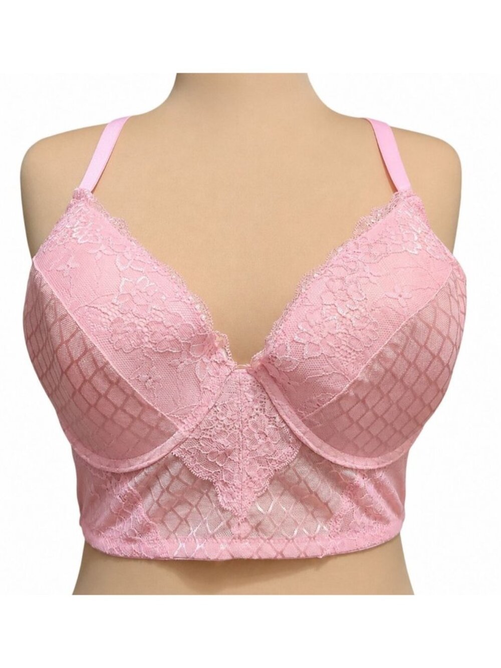 Pink Lace Longline Bralette Plus Size 2X Sheer Mesh Underwire Bustier Bra Cute